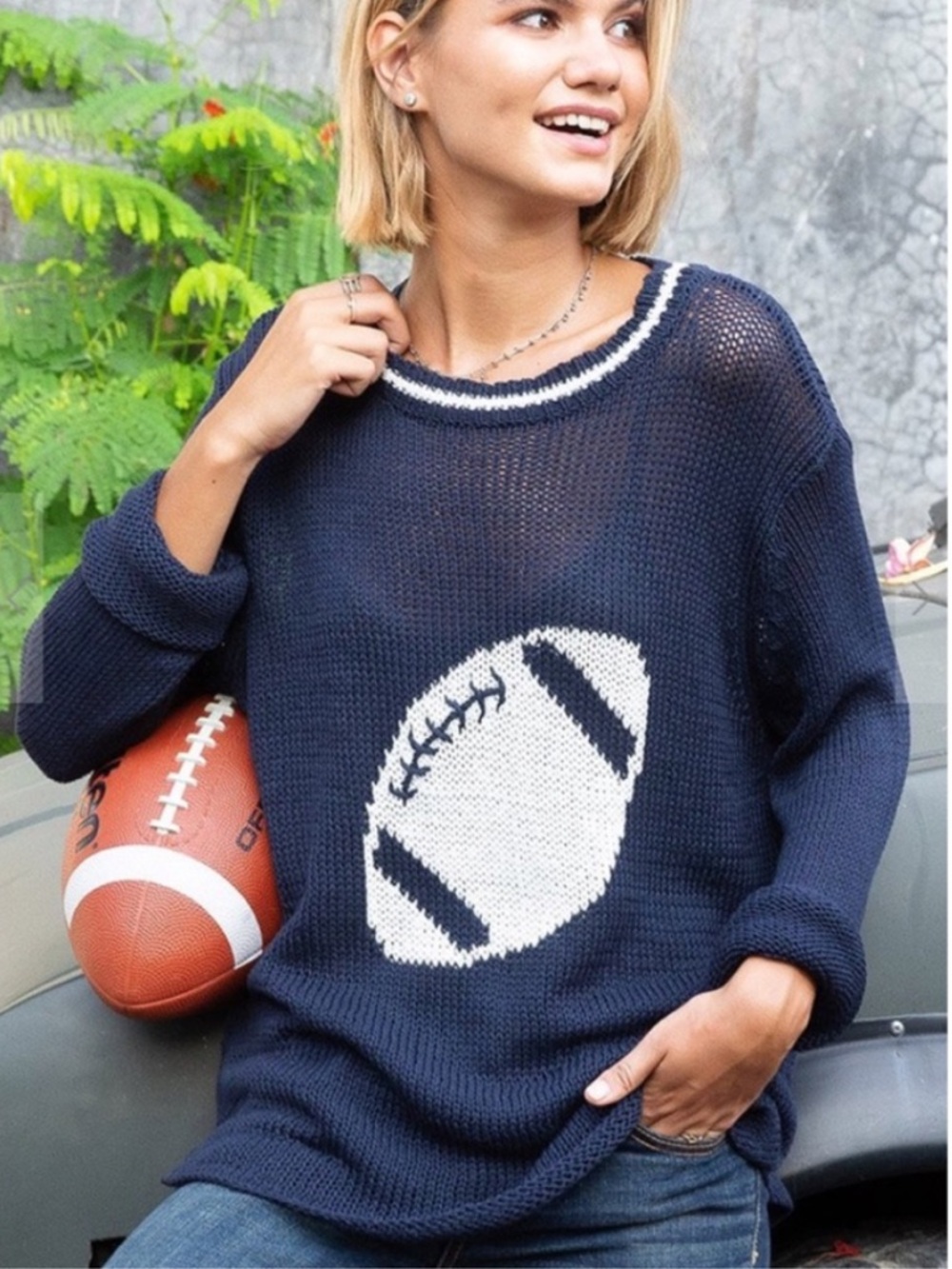 Wooden Ships Navy Blue Cotton Blend Football Crewneck Cotton Sweater Sz S/M